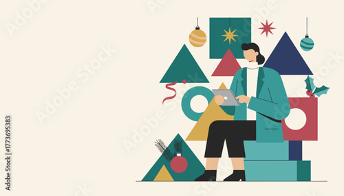 Woman using tablet among abstract geometric shapes and holiday Christmas decorations Modern illustration