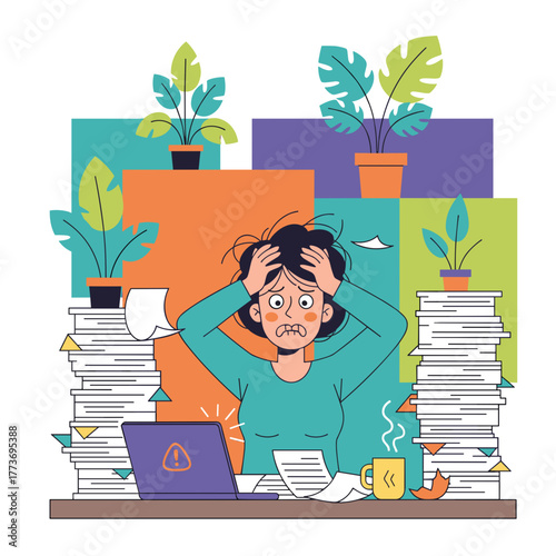 Stressed woman overwhelmed by paperwork and workload burnout concept