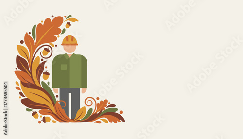 Flat design illustration of an industrial worker framed by ornate autumnal leaves and acorns Copy space