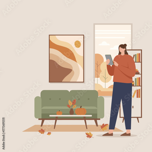 Cozy autumn lifestyle Woman uses a tablet in a stylish living room decorated for fall