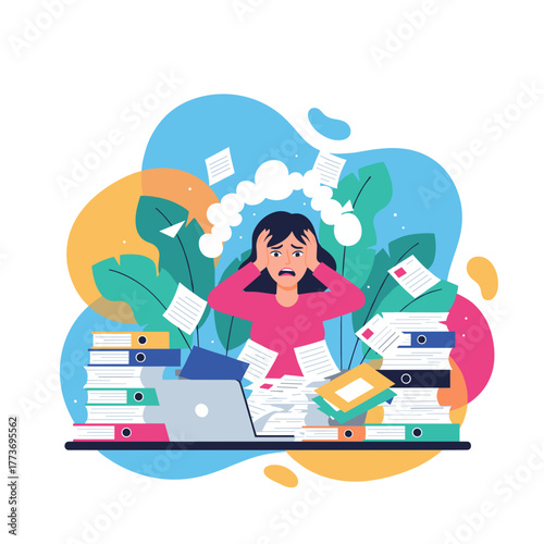 Overwhelmed office worker stressed by excessive workload and deadlines Burnout concept