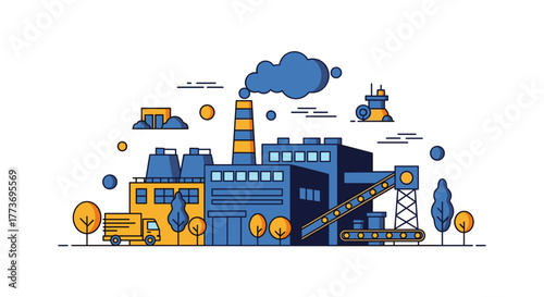 Flat design illustration of a modern industrial factory complex manufacturing and logistics