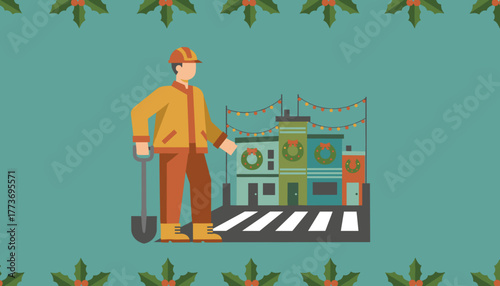 Flat design vector of a construction worker near shops decorated for Christmas
