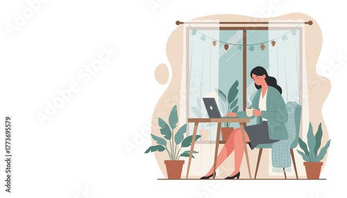 Businesswoman working remotely on a laptop with coffee in a cozy winterdecorated home office