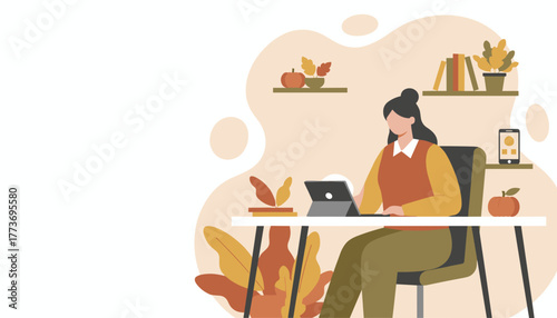 Remote worker using tablet in a cozy autumnthemed home office illustration