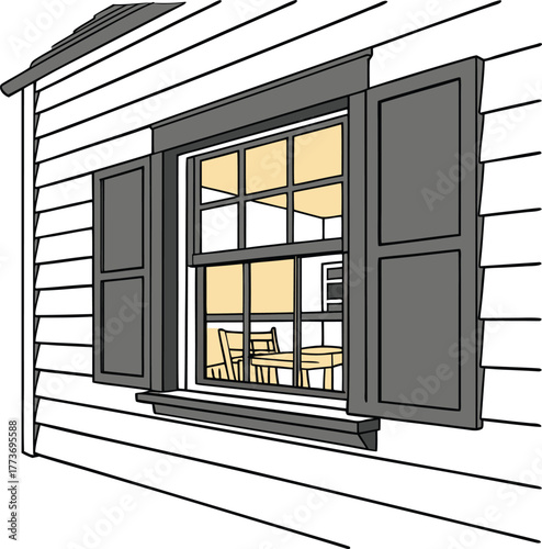 Cozy window with open shutters reflecting warm interior light isolated on transparent background
