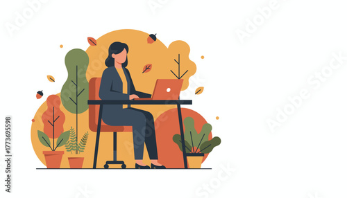 Professional woman working on a laptop in a stylized autumn environment Remote work and efficiency