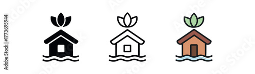 spiritual retreat cabin icon on white background Black silhouette flat icon outline icon and colored icon style three minimal vector icon style