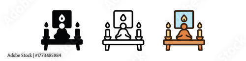 meditation altar setup icon on white background Black silhouette flat icon outline icon and colored icon style three minimal vector icon style