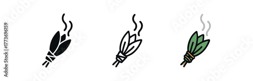 cleansing sage ritual icon on white background Black silhouette flat icon outline icon and colored icon style three minimal vector icon style