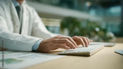 male energy analyst reviewing cost efficiency report for renewable projects soft keyboard clicks green finance insight cinematic color correction, gentle backlight, clean negative space, high