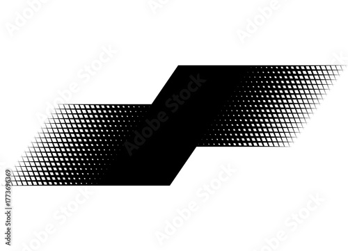 Black vector broken stripe with halftone mesh. Abstract Design Element. Vector background. Modern sports pattern for car body, boat, sportswear, toy. Place for text