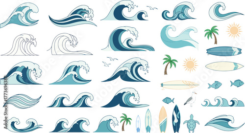 Vibrant ocean waves, surfboards and cute sea creatures ready for your summer designs, adding a playful touch to your projects with ease and joy