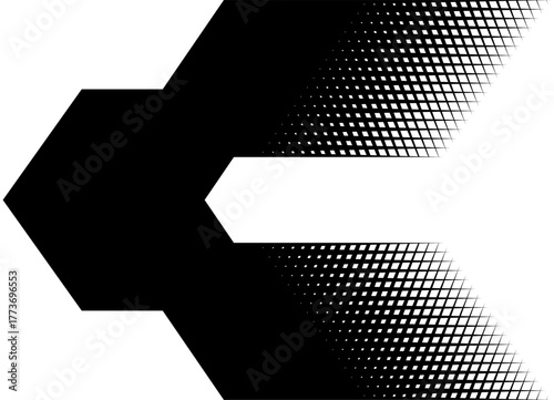 Thick black vector arrow with halftone mesh. Design element. Pointer, direction. Vector background. Modern pattern for games and navigation. Place for text
