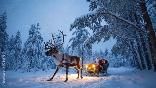 Santa claus in a sleigh pulled by a reindeer in a snowy forest