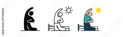 mindful stretching morning icon on white background Black silhouette flat icon outline icon and colored icon style three minimal vector icon style