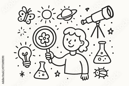 handdrawn cute doodle style discovery vector line illustration
