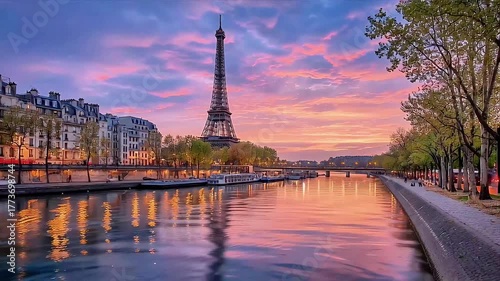 Paris Sunset: Eiffel Tower Over Seine River with Historic Architecture