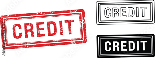 Three credit stamp illustrations in red black and outline versions