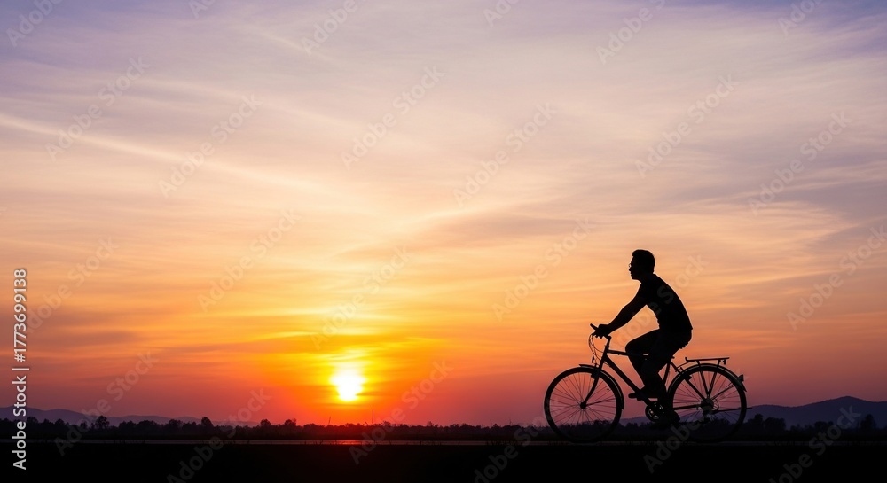 Fototapeta premium Cycling at sunset silhouette scenic ride outdoor activity fitness exercise health and wellness recreation sport