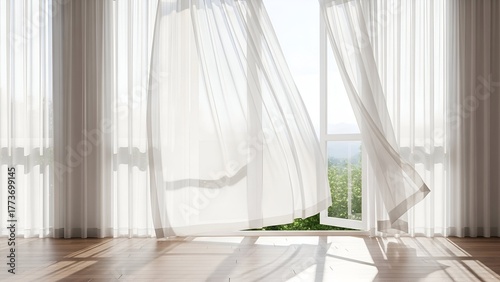 Sunny interior with partially opened window, sheer curtains, and wooden floor