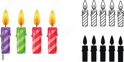 Illustration of colorful candles with flames and monochrome candles