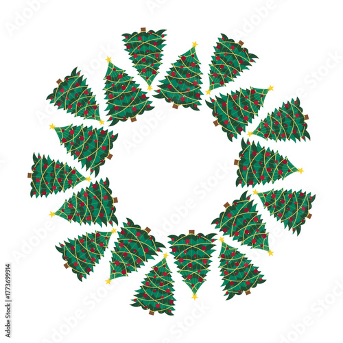 A round frame with decorated Christmas trees. A festive, illuminated tree with New Year's decorations. A frame with winter holiday trees. Perfect for Christmas cards, posters, and banners.