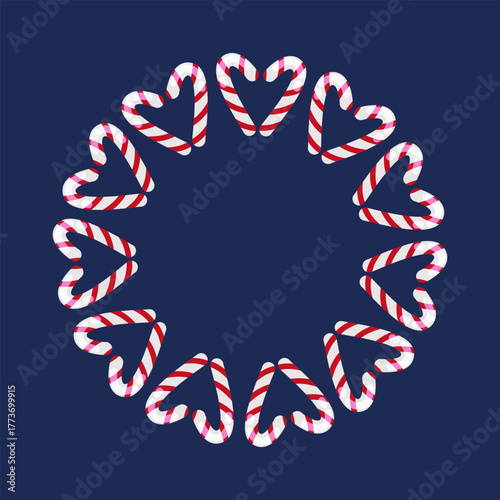 A round frame with Christmas candy canes. The frame features cinnamon stick candies, a white lollipop with red stripes. Perfect for Christmas cards, posters, and banners.