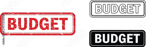 Three budget stamps in red black and outline on a white background