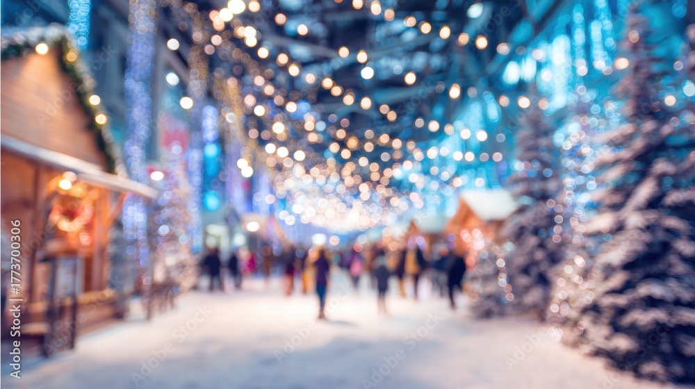 Fototapeta premium Blurred winter wonderland with Santa inspired festive glow and magical light.