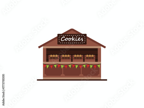 Cute wooden cookies stand or shop stall decorated with bunting flags. Flat vector illustration for bakery, retail, food market, and small business