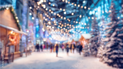 Blurred winter wonderland with Santa inspired festive glow and magical light.