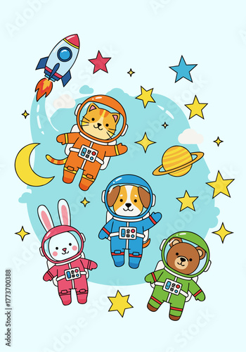 Cute animal astronauts in outer space cartoon illustration