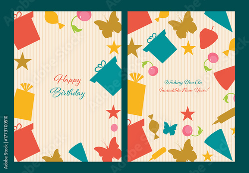 Colorful Editable Birthday Card Designs with Birthday elements and space for your message. 