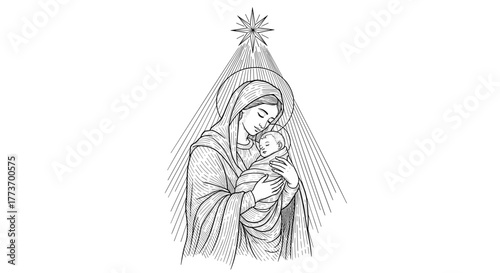 Engraving sketch — Virgin Mary holding newborn Jesus Christ in her arms under shining Bethlehem star, black and white religious Christmas card illustration