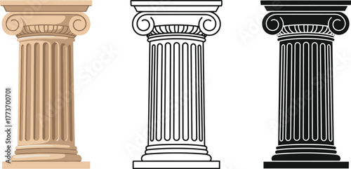 Three ionic columns in different styles on a white background vector