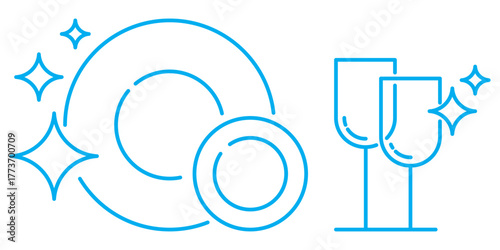 Set of clean dishes and glasses line icons isolated on transparent background. Ideal symbols for kitchenware, dishwashing, hygiene, and cleaning service design. Editable stroke.