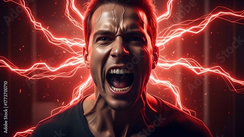 A man screams in agony, illuminated by striking red electric currents in a dark space