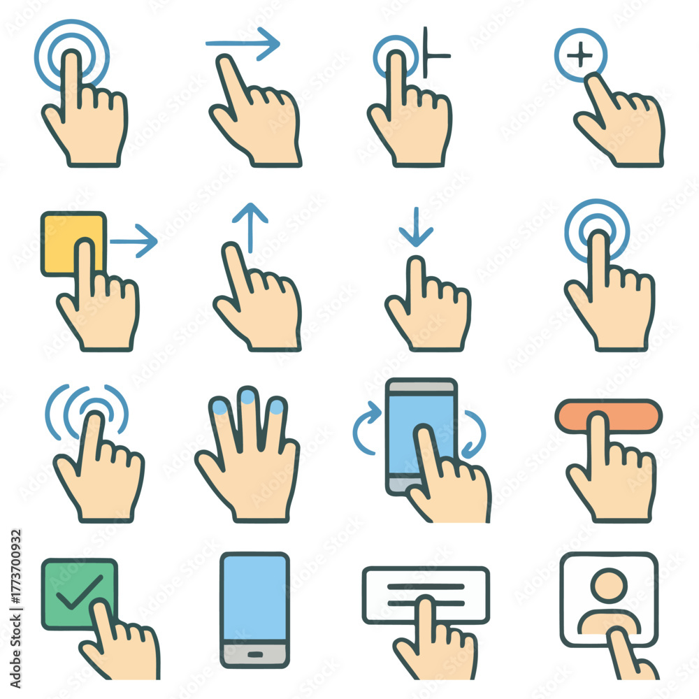 Fototapeta premium Digital Touch Gestures: A comprehensive collection of digital touch gestures illustrates a variety of user interactions on a touchscreen, offering visual guidance for effective navigation.