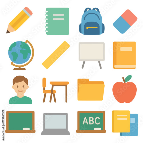 Classroom Essentials: A vibrant collection of essential school supplies, education equipment, and tools. Each item represents learning and discovery.