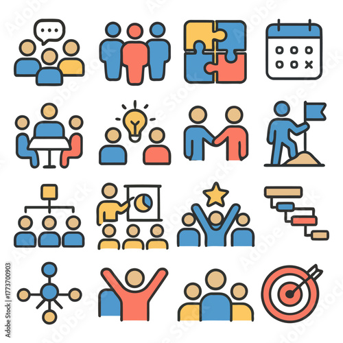 Teamwork Icons: A collection of vibrant icons representing various facets of teamwork, collaboration, and business strategies. Illustrating the key elements of synergy and accomplishment.