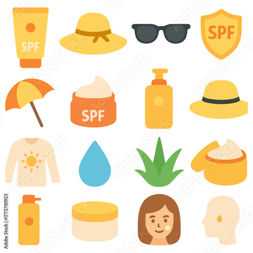 Sunshine Essentials: An array of summer essentials, including sunscreen, hats, sunglasses, and aloe vera, arranged in a vibrant composition, representing protection from the sun