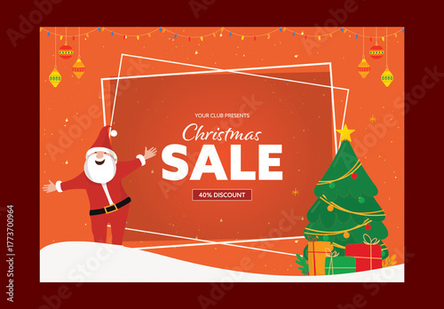 Editable Christmas Sale Banner with Cheerful Santa Claus and Festival Elements in Orange and White Color.