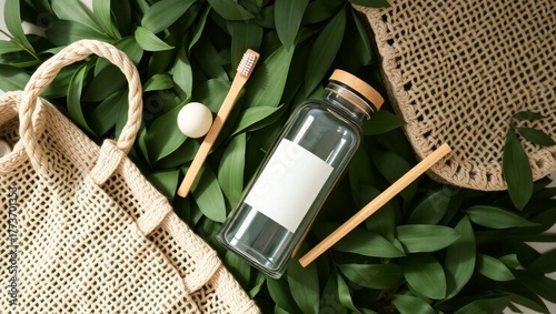 Eco friendly lifestyle products on vibrant green leaves