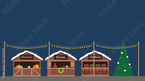 Cozy Christmas market stalls with snow, fairy lights, festive treats, souvenirs, and a decorated tree on a dark background. Perfect for holiday designs