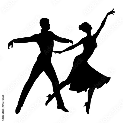 Stylized graphic illustration of a man and woman in an elegant dance pose, symbolizing artistry, harmony, and the beauty of human expression through movement and partnership