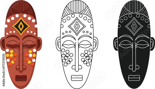 Three african masks in color line art and silhouette illustration