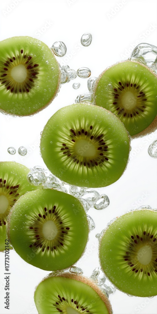 Fototapeta premium Refreshing kiwi slices floating in clear water with bubbles