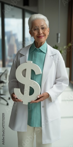 Elderly caucasian female doctor holding dollar sign in modern office setting