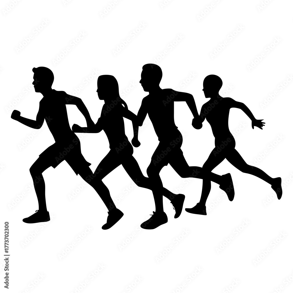 Obraz premium Silhouettes of four people running in a race, showcasing speed, fitness, and competition